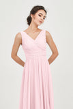 V Neck Natural Chiffon Bridesmaid Dress with Ruched Pleated Formal Evening Dresses Gowns