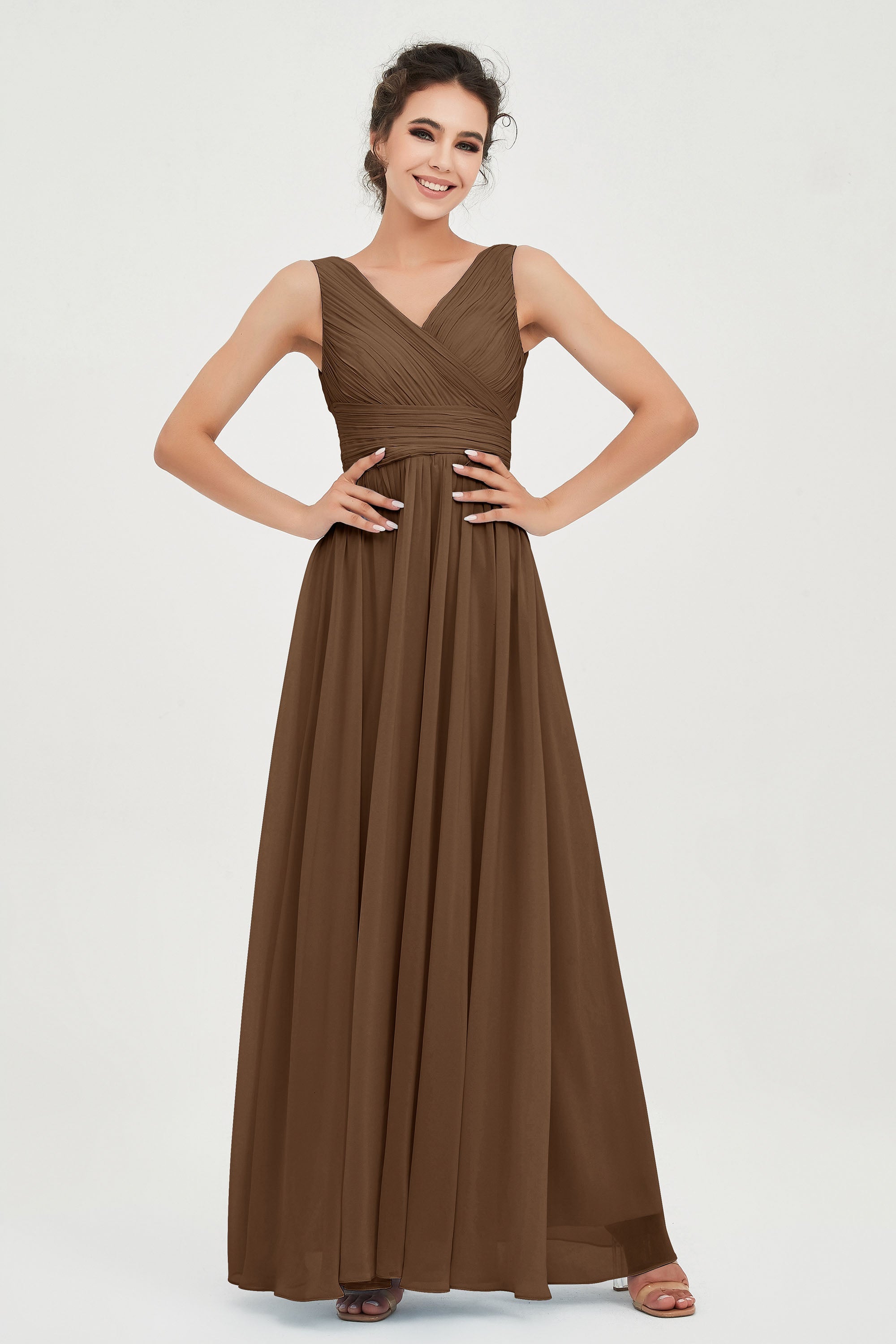 V Neck Natural Chiffon Bridesmaid Dress with Ruched Pleated Formal Evening Dresses Gowns
