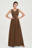 V Neck Natural Chiffon Bridesmaid Dress with Ruched Pleated Formal Evening Dresses Gowns