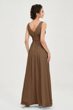 V Neck Natural Chiffon Bridesmaid Dress with Ruched Pleated Formal Evening Dresses Gowns