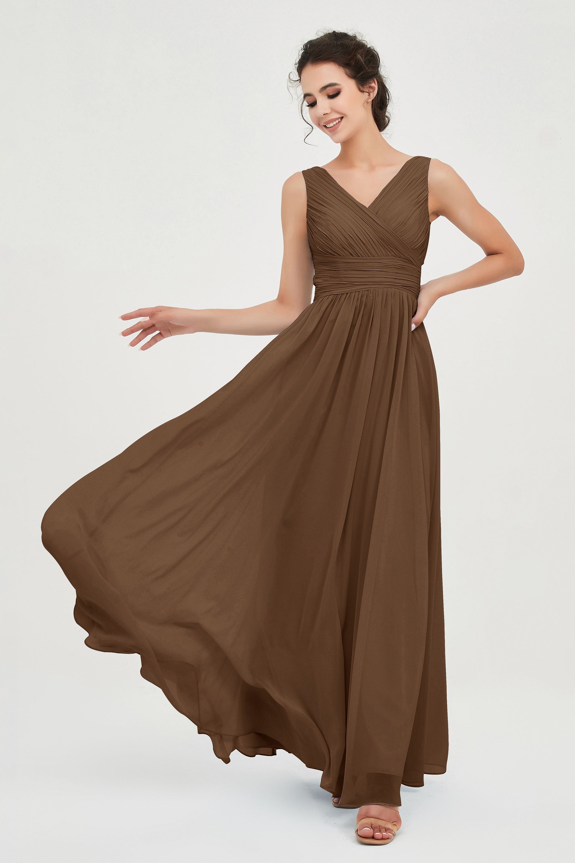 V Neck Natural Chiffon Bridesmaid Dress with Ruched Pleated Formal Evening Dresses Gowns