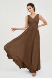 V Neck Natural Chiffon Bridesmaid Dress with Ruched Pleated Formal Evening Dresses Gowns