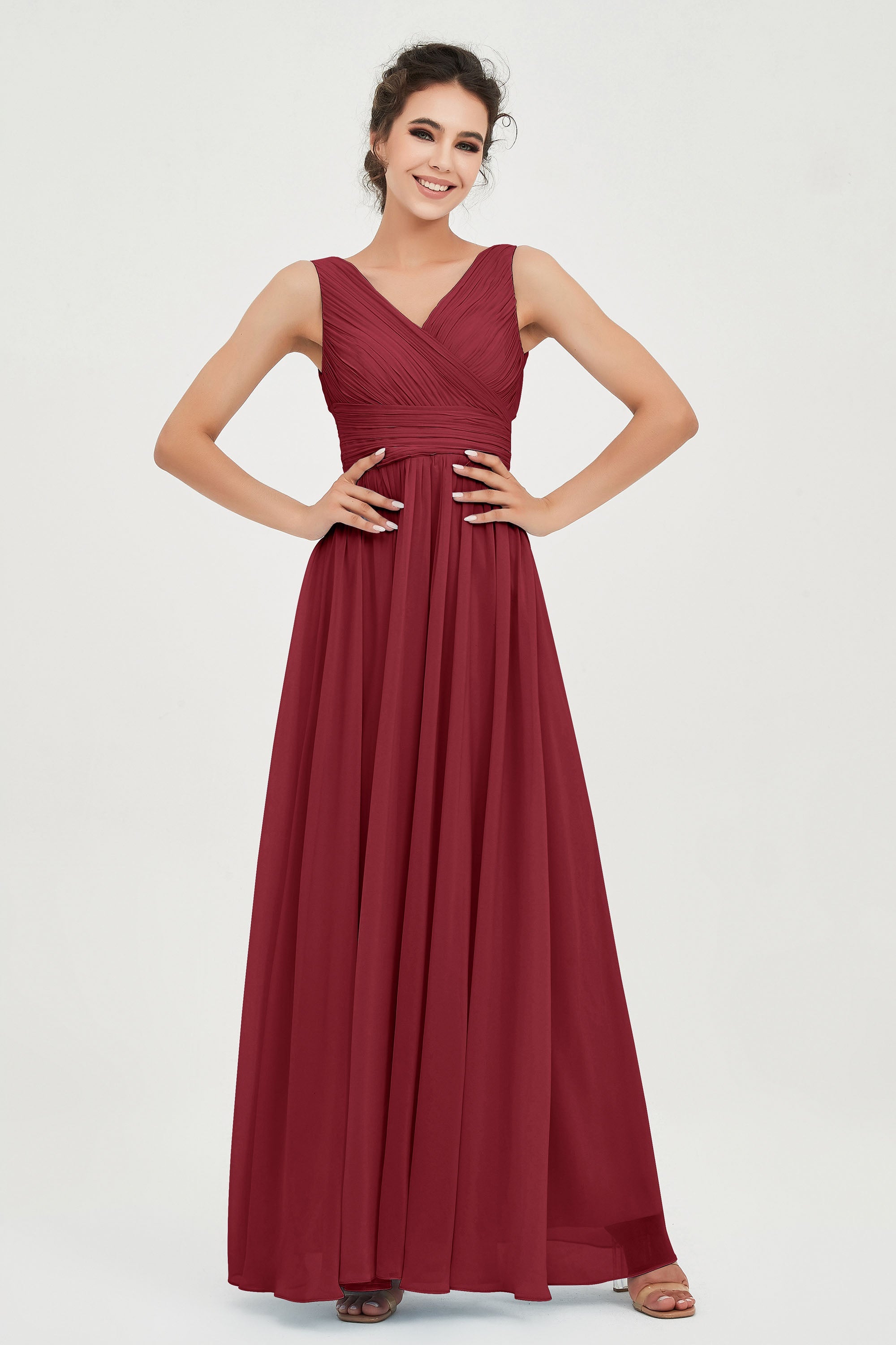 V Neck Natural Chiffon Bridesmaid Dress with Ruched Pleated Formal Evening Dresses Gowns