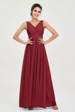 V Neck Natural Chiffon Bridesmaid Dress with Ruched Pleated Formal Evening Dresses Gowns