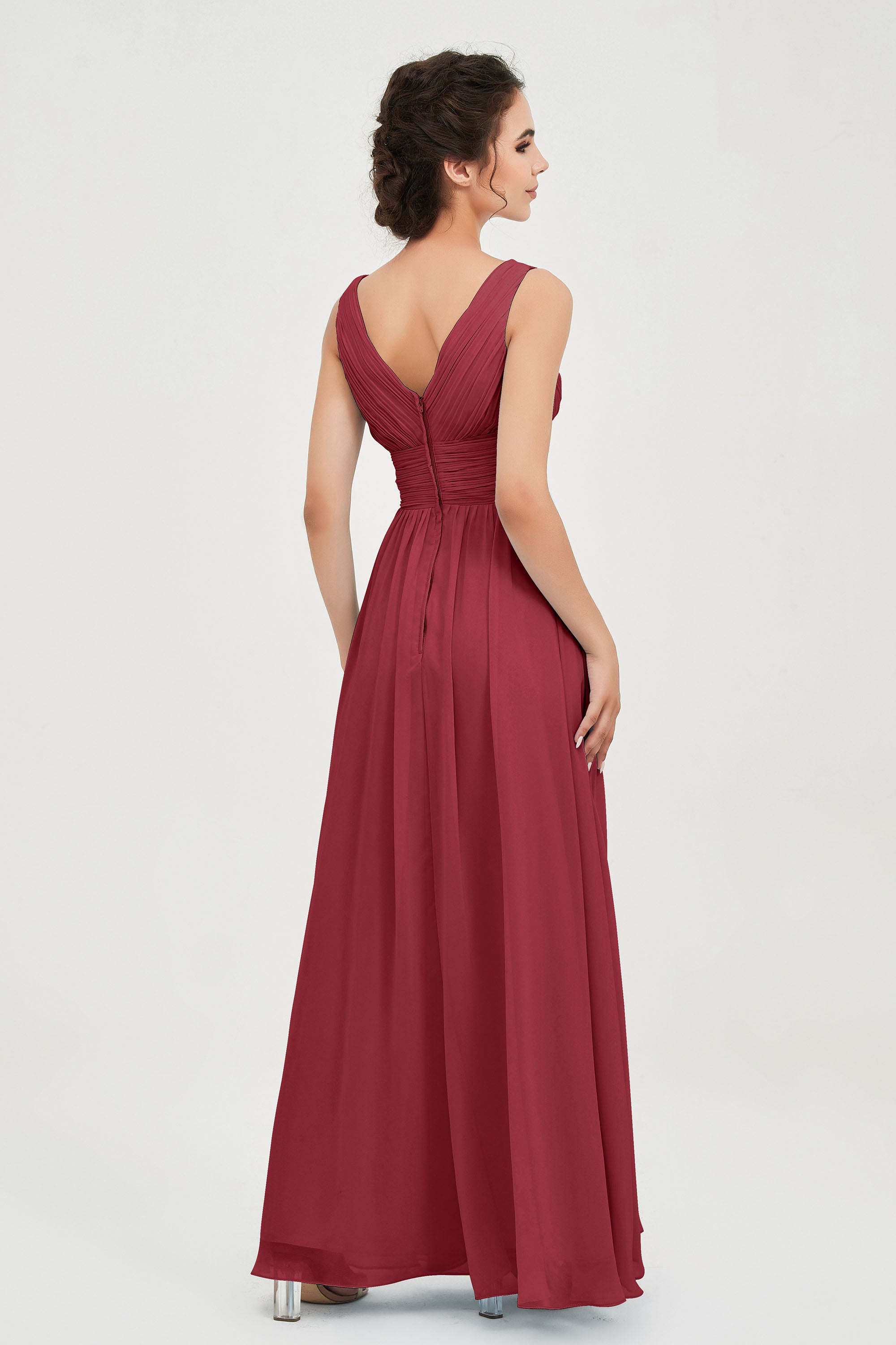 V Neck Natural Chiffon Bridesmaid Dress with Ruched Pleated Formal Evening Dresses Gowns