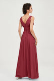 V Neck Natural Chiffon Bridesmaid Dress with Ruched Pleated Formal Evening Dresses Gowns