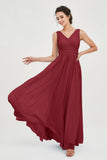 V Neck Natural Chiffon Bridesmaid Dress with Ruched Pleated Formal Evening Dresses Gowns