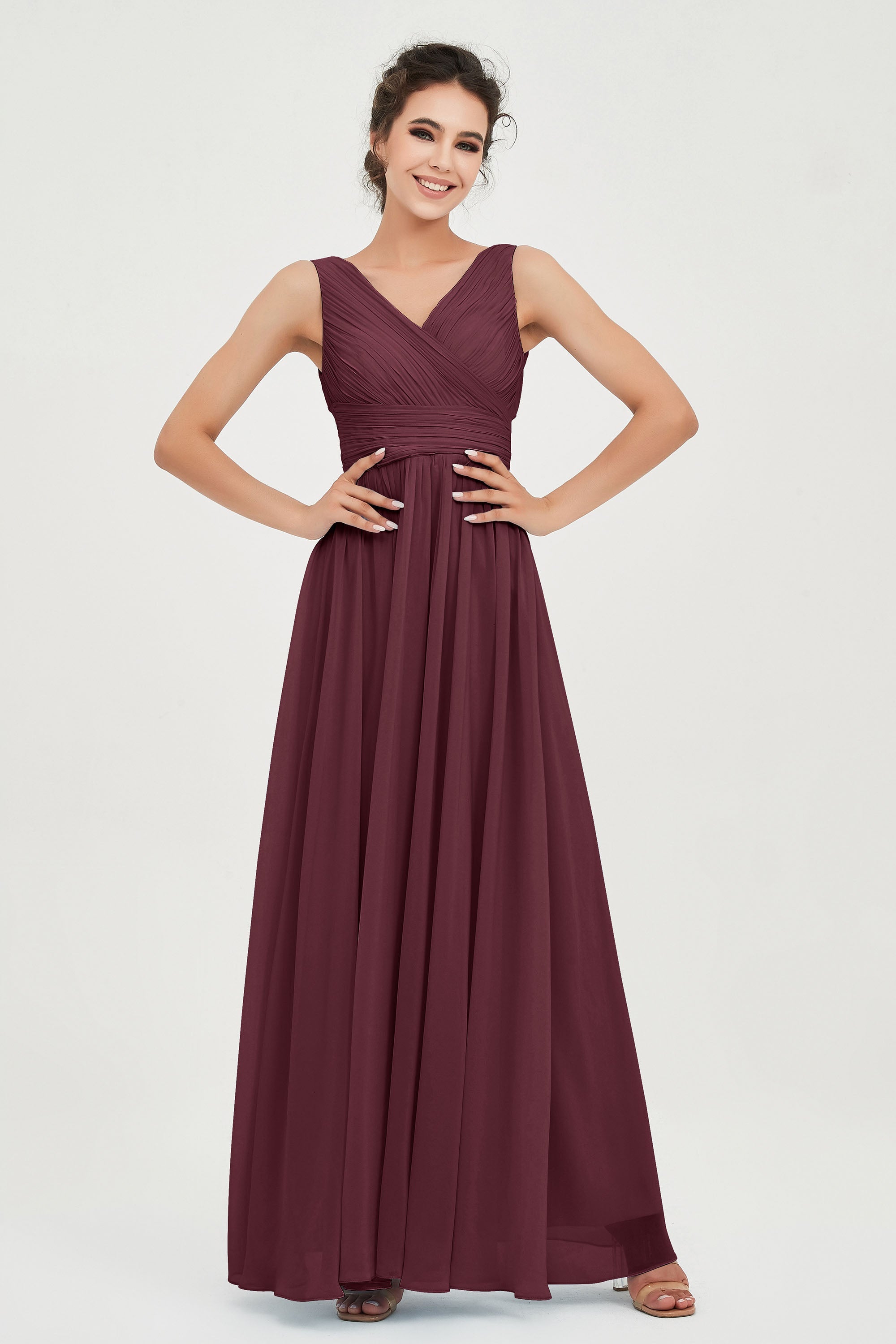 V Neck Natural Chiffon Bridesmaid Dress with Ruched Pleated Formal Evening Dresses Gowns