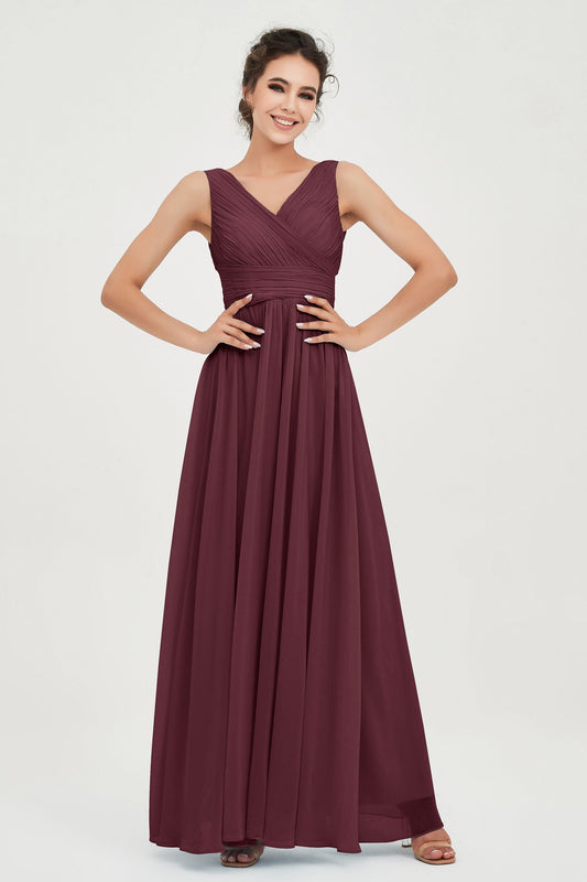 V Neck Natural Chiffon Bridesmaid Dress with Ruched Pleated Formal Evening Dresses Gowns