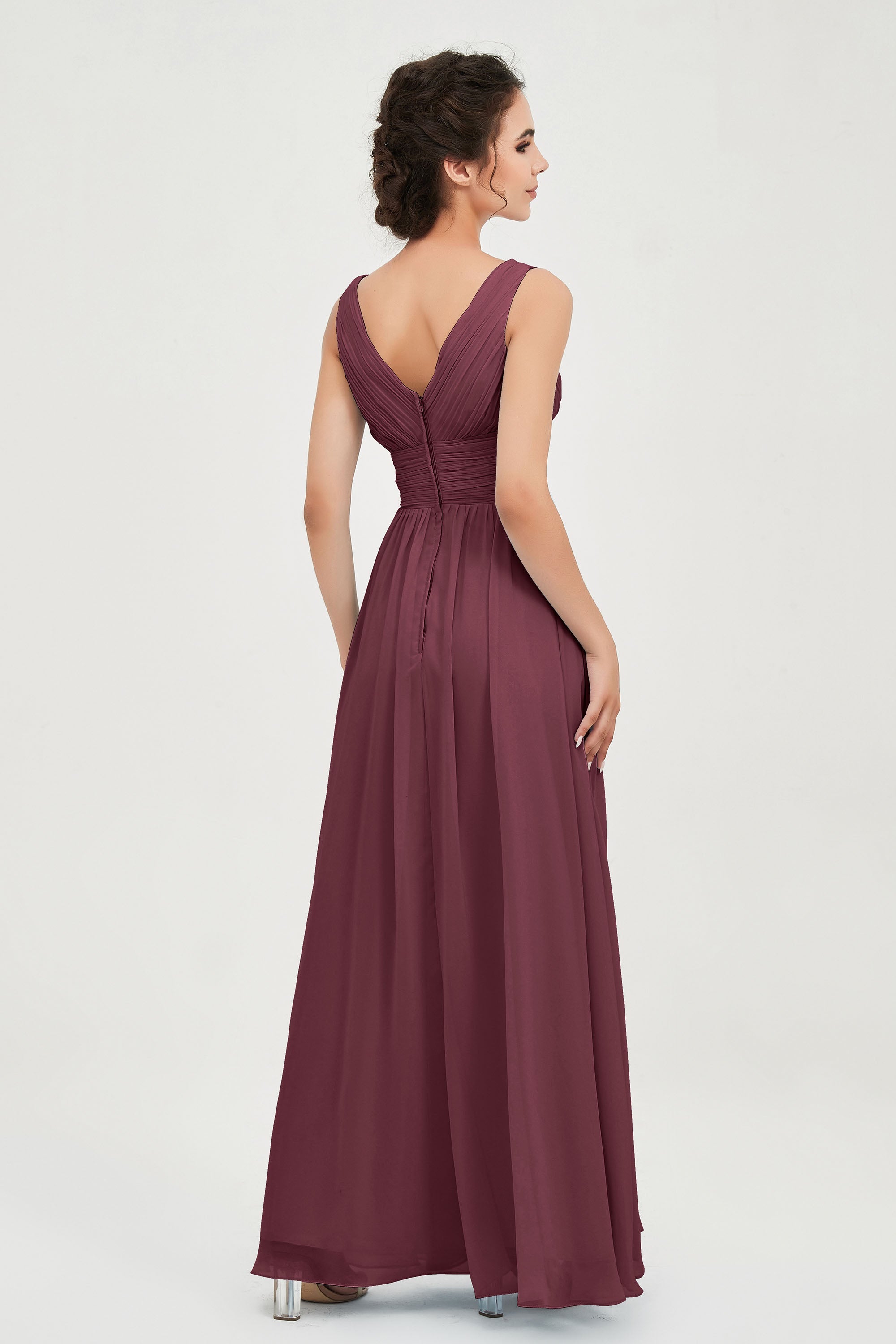 V Neck Natural Chiffon Bridesmaid Dress with Ruched Pleated Formal Evening Dresses Gowns