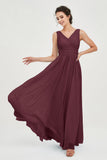 V Neck Natural Chiffon Bridesmaid Dress with Ruched Pleated Formal Evening Dresses Gowns