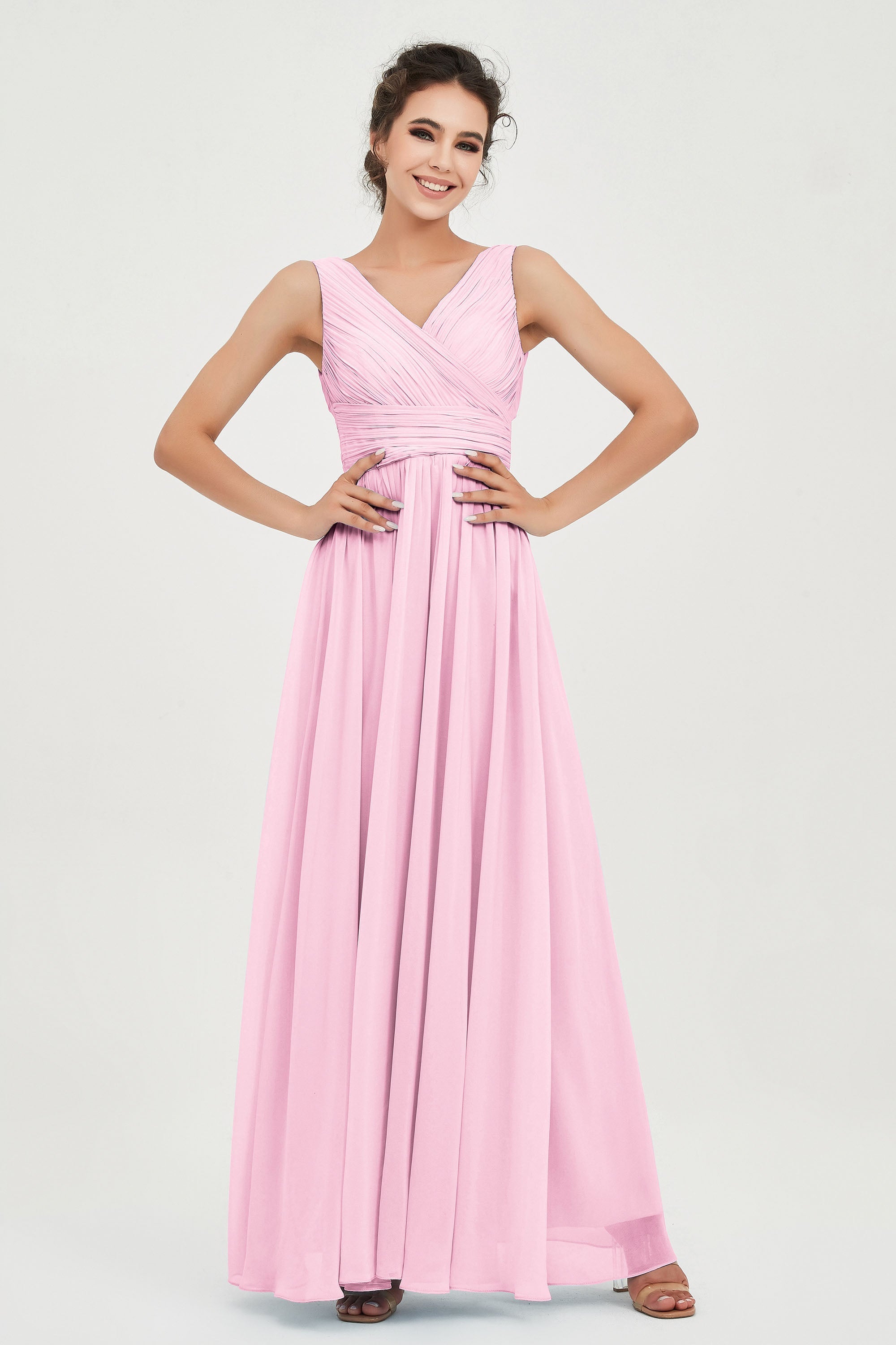 V Neck Natural Chiffon Bridesmaid Dress with Ruched Pleated Formal Evening Dresses Gowns