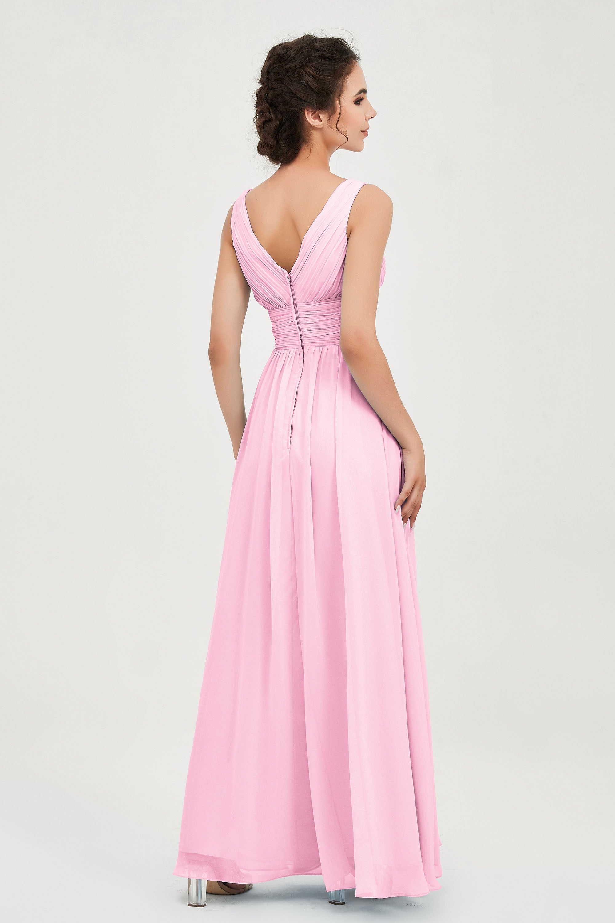 V Neck Natural Chiffon Bridesmaid Dress with Ruched Pleated Formal Evening Dresses Gowns