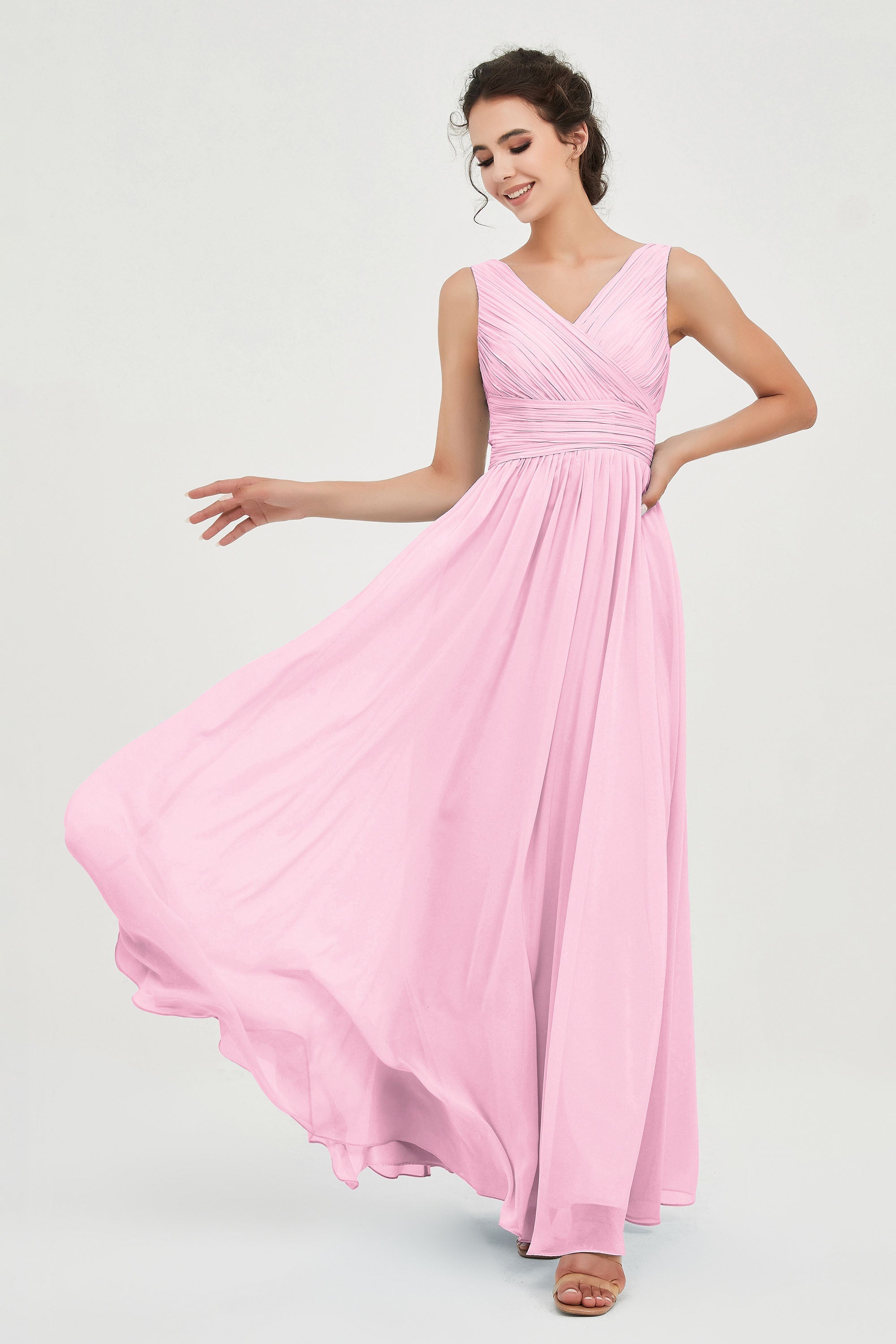V Neck Natural Chiffon Bridesmaid Dress with Ruched Pleated Formal Evening Dresses Gowns