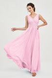 V Neck Natural Chiffon Bridesmaid Dress with Ruched Pleated Formal Evening Dresses Gowns