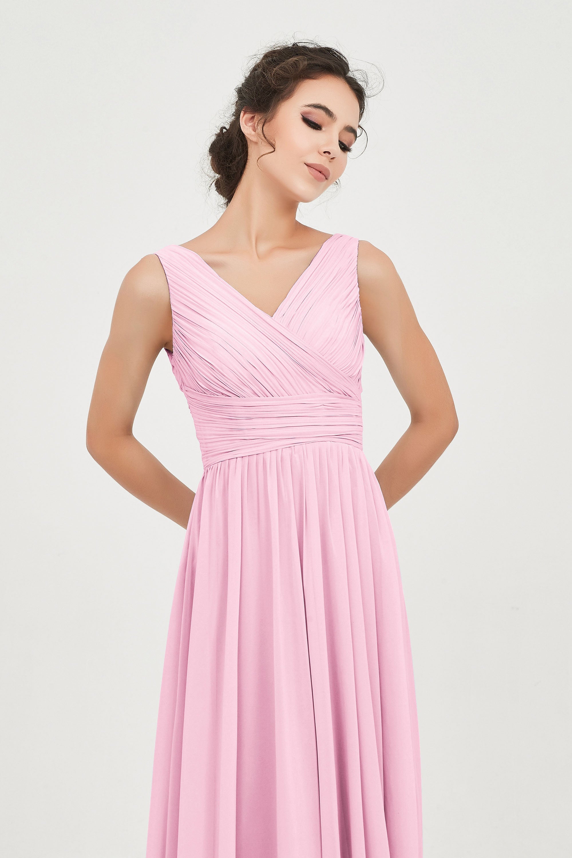 V Neck Natural Chiffon Bridesmaid Dress with Ruched Pleated Formal Evening Dresses Gowns