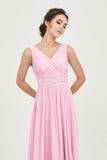 V Neck Natural Chiffon Bridesmaid Dress with Ruched Pleated Formal Evening Dresses Gowns