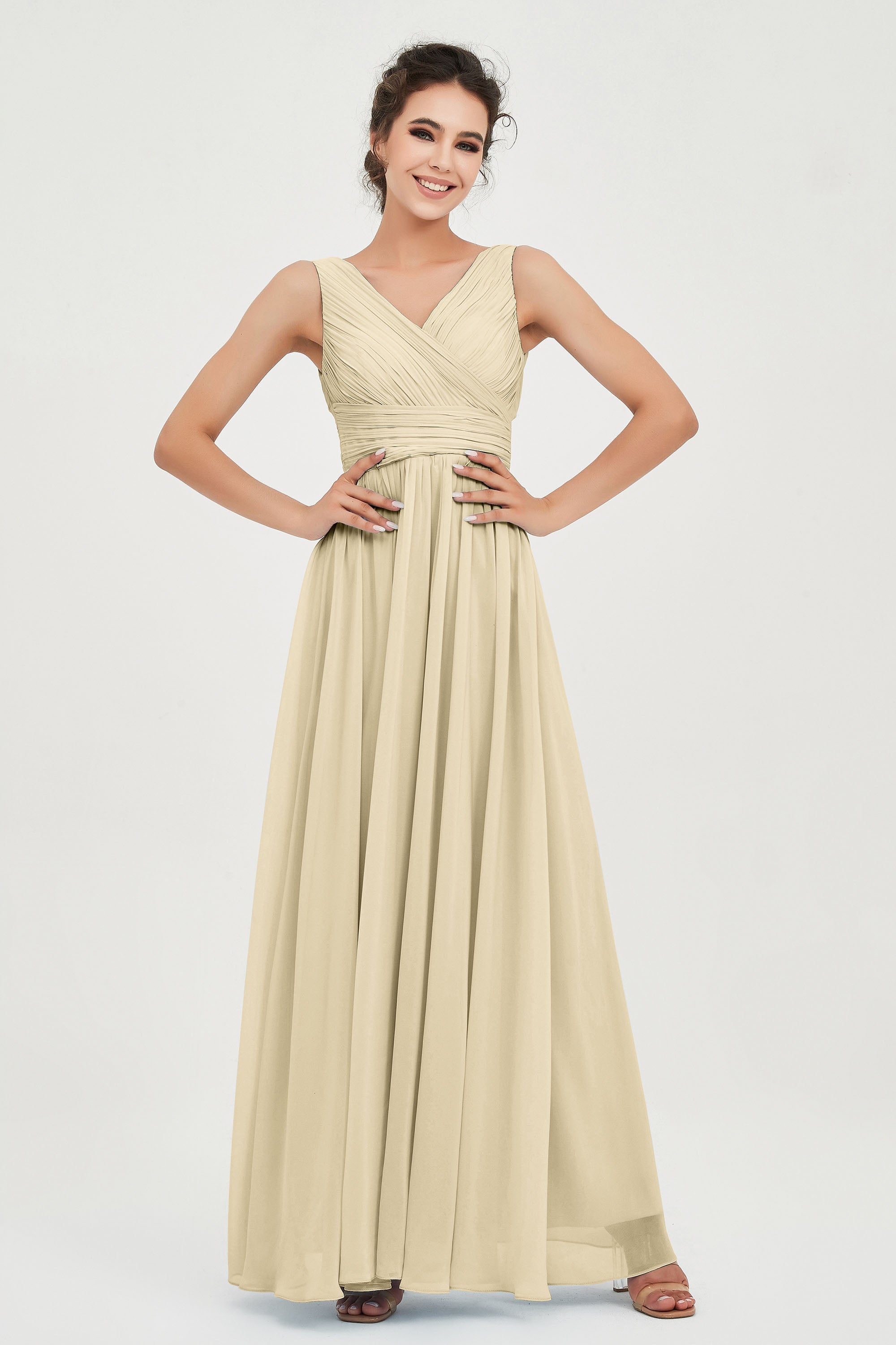 V Neck Natural Chiffon Bridesmaid Dress with Ruched Pleated Formal Evening Dresses Gowns