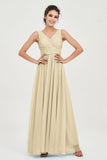V Neck Natural Chiffon Bridesmaid Dress with Ruched Pleated Formal Evening Dresses Gowns