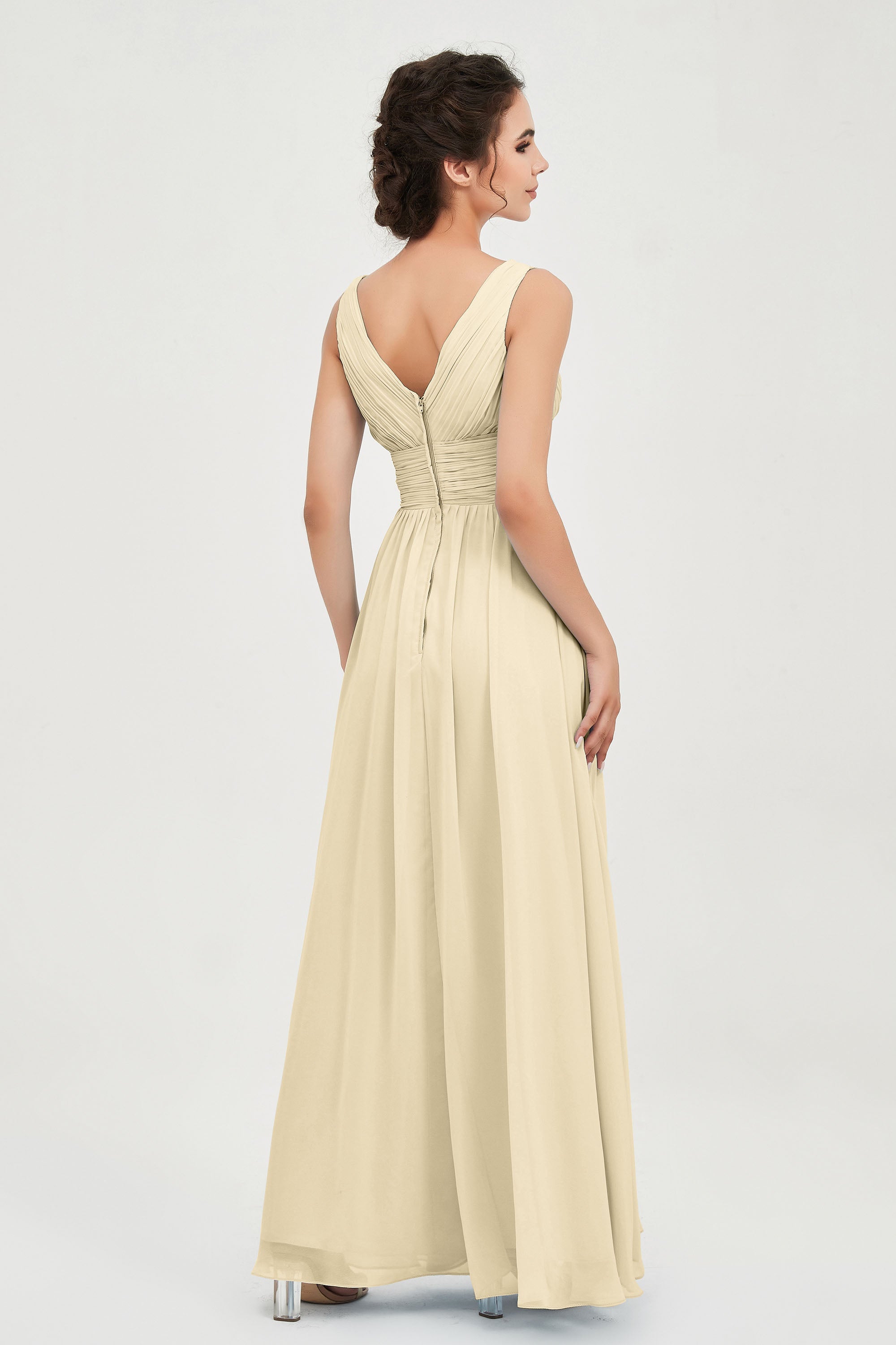 V Neck Natural Chiffon Bridesmaid Dress with Ruched Pleated Formal Evening Dresses Gowns