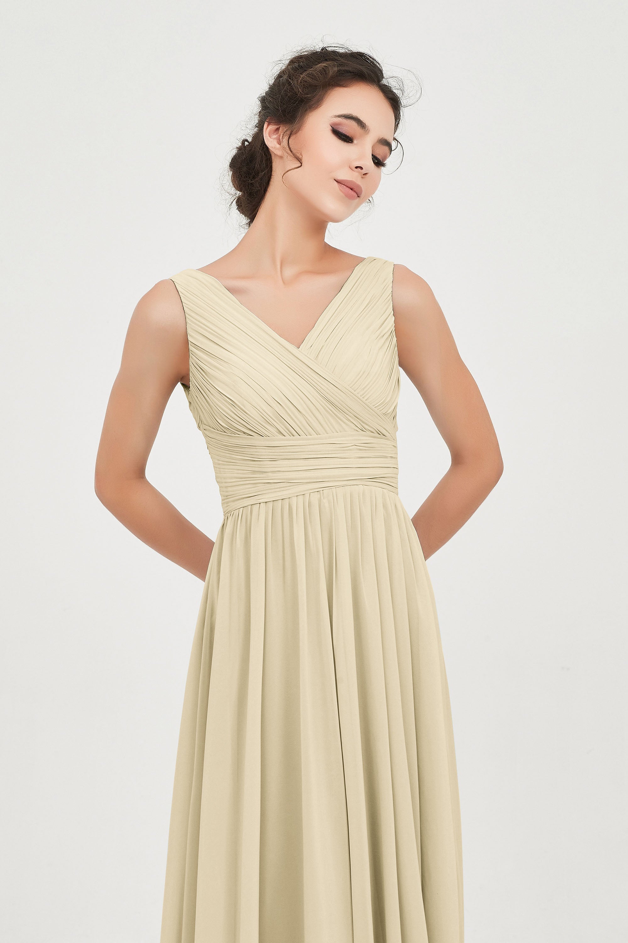 V Neck Natural Chiffon Bridesmaid Dress with Ruched Pleated Formal Evening Dresses Gowns