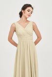 V Neck Natural Chiffon Bridesmaid Dress with Ruched Pleated Formal Evening Dresses Gowns