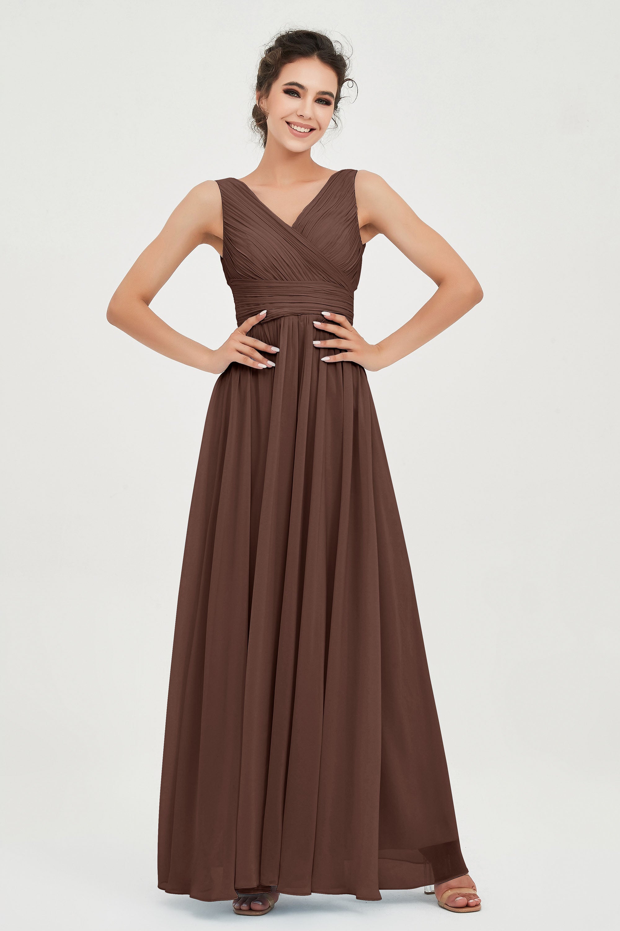 V Neck Natural Chiffon Bridesmaid Dress with Ruched Pleated Formal Evening Dresses Gowns