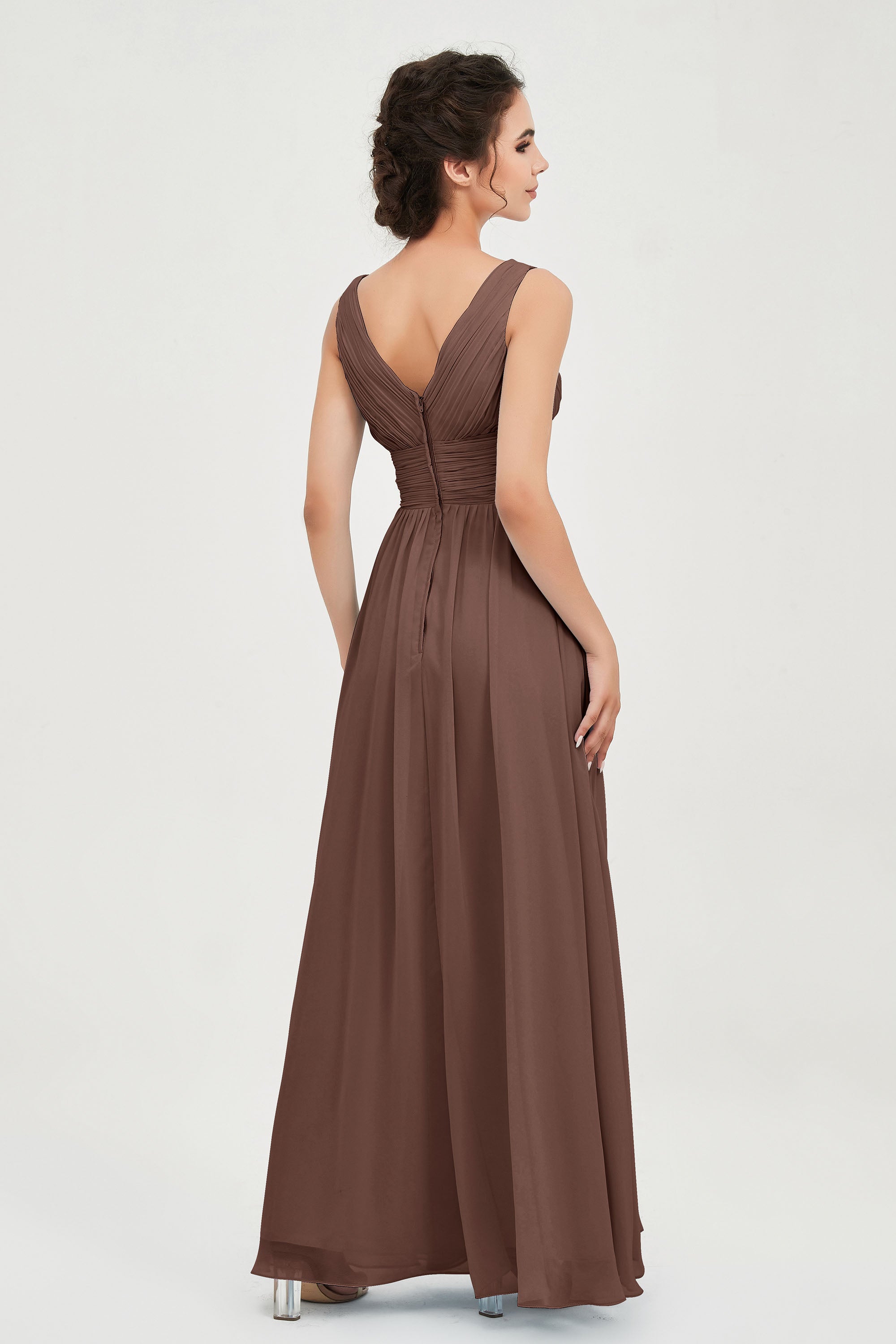 V Neck Natural Chiffon Bridesmaid Dress with Ruched Pleated Formal Evening Dresses Gowns
