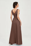 V Neck Natural Chiffon Bridesmaid Dress with Ruched Pleated Formal Evening Dresses Gowns
