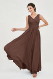 V Neck Natural Chiffon Bridesmaid Dress with Ruched Pleated Formal Evening Dresses Gowns