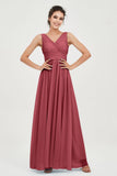 V Neck Natural Chiffon Bridesmaid Dress with Ruched Pleated Formal Evening Dresses Gowns