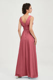 V Neck Natural Chiffon Bridesmaid Dress with Ruched Pleated Formal Evening Dresses Gowns