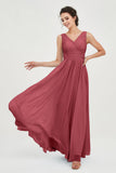 V Neck Natural Chiffon Bridesmaid Dress with Ruched Pleated Formal Evening Dresses Gowns