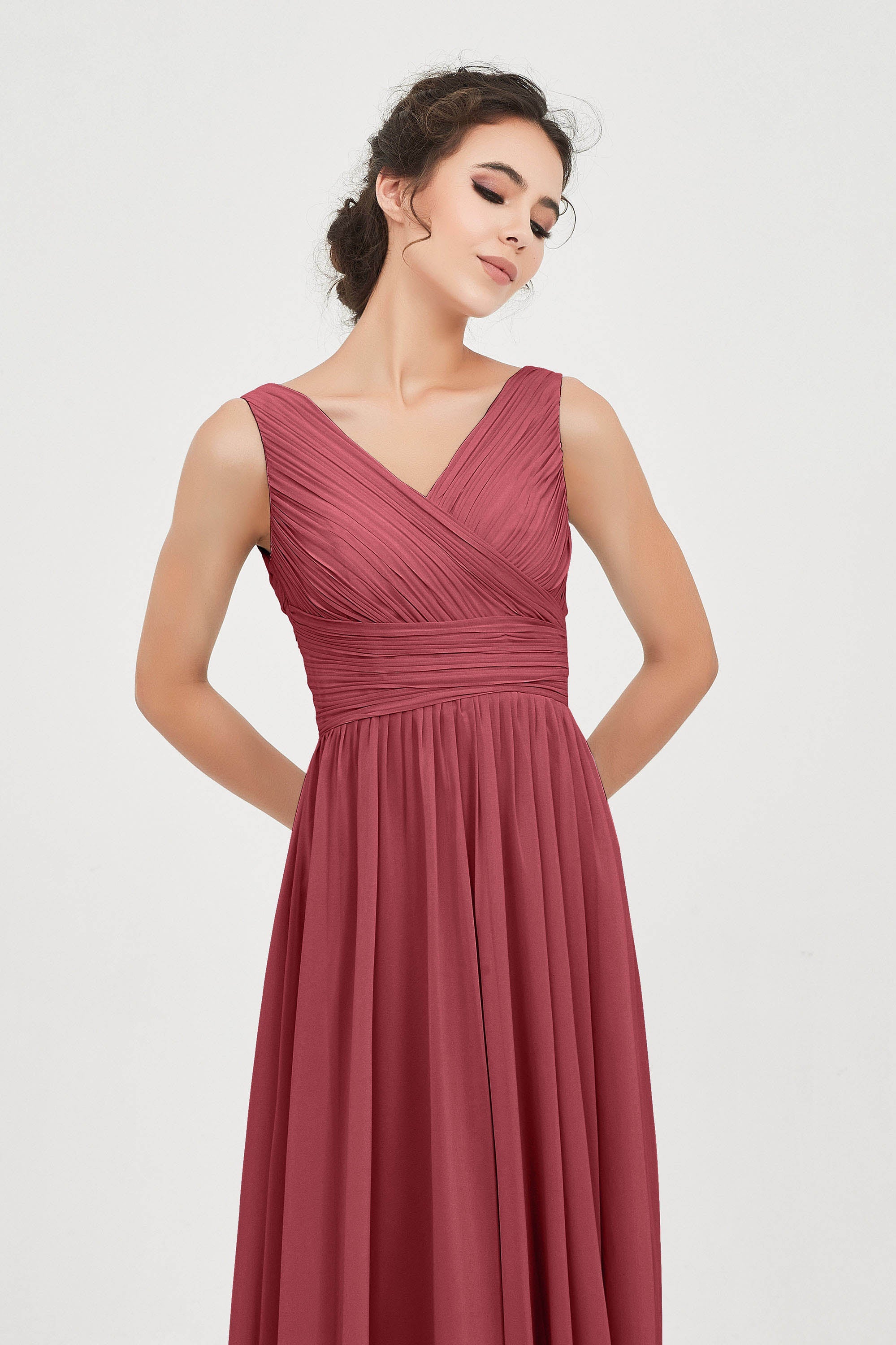 V Neck Natural Chiffon Bridesmaid Dress with Ruched Pleated Formal Evening Dresses Gowns