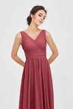 V Neck Natural Chiffon Bridesmaid Dress with Ruched Pleated Formal Evening Dresses Gowns