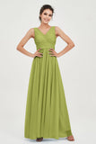 V Neck Natural Chiffon Bridesmaid Dress with Ruched Pleated Formal Evening Dresses Gowns