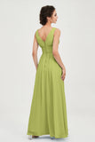 V Neck Natural Chiffon Bridesmaid Dress with Ruched Pleated Formal Evening Dresses Gowns