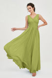 V Neck Natural Chiffon Bridesmaid Dress with Ruched Pleated Formal Evening Dresses Gowns