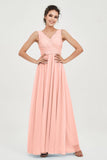 V Neck Natural Chiffon Bridesmaid Dress with Ruched Pleated Formal Evening Dresses Gowns