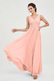 V Neck Natural Chiffon Bridesmaid Dress with Ruched Pleated Formal Evening Dresses Gowns