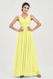 V Neck Natural Chiffon Bridesmaid Dress with Ruched Pleated Formal Evening Dresses Gowns