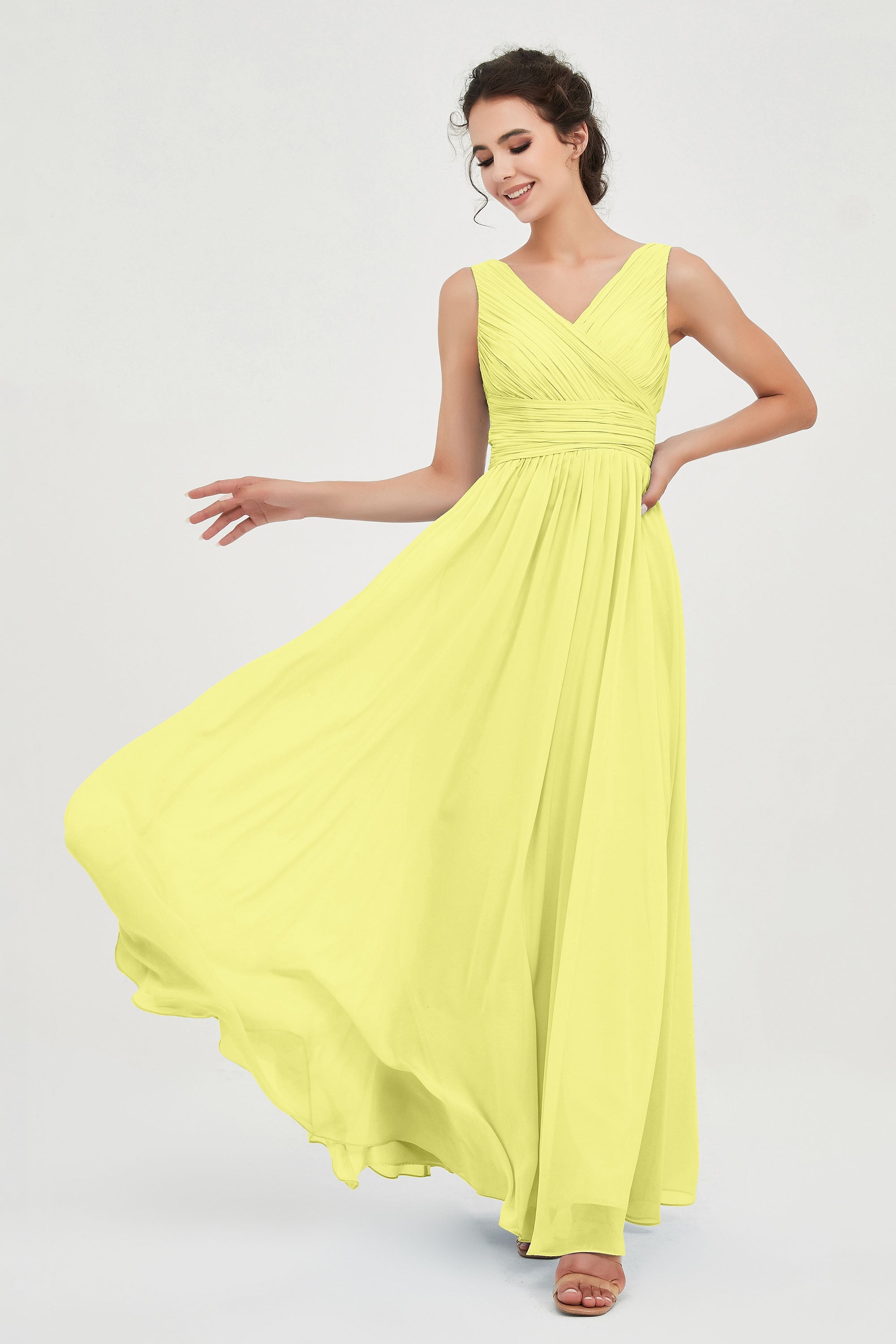 V Neck Natural Chiffon Bridesmaid Dress with Ruched Pleated Formal Evening Dresses Gowns