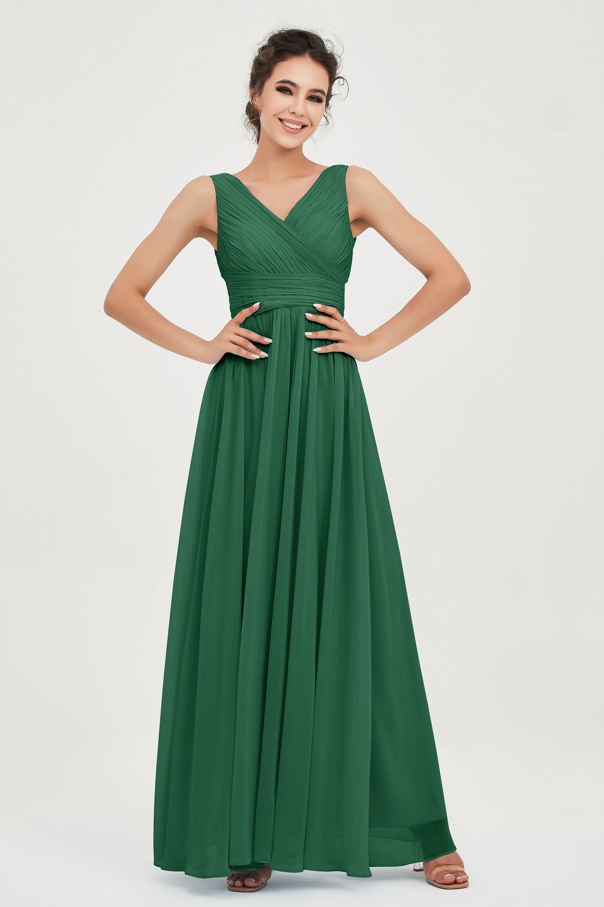 V Neck Natural Chiffon Bridesmaid Dress with Ruched Pleated Formal Evening Dresses Gowns