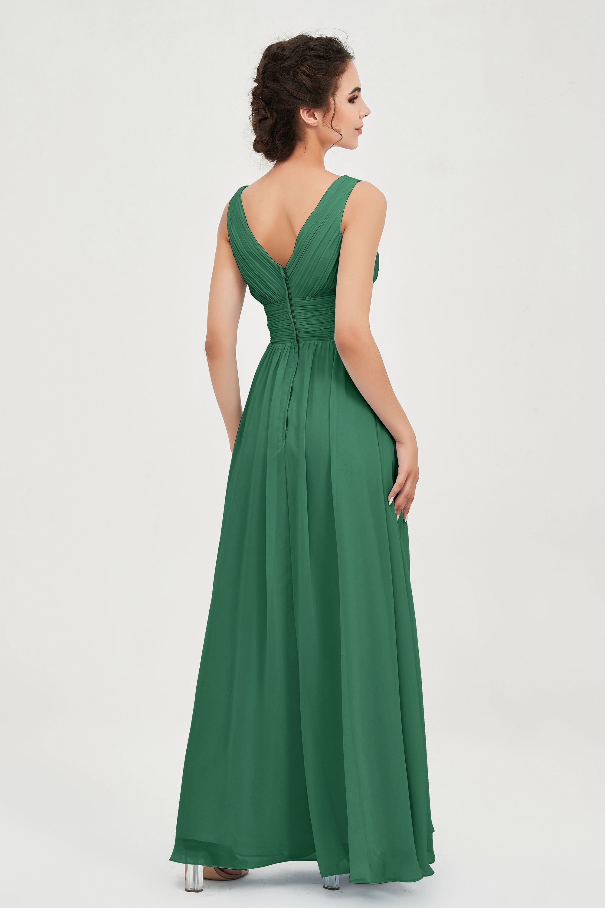 V Neck Natural Chiffon Bridesmaid Dress with Ruched Pleated Formal Evening Dresses Gowns