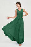 V Neck Natural Chiffon Bridesmaid Dress with Ruched Pleated Formal Evening Dresses Gowns