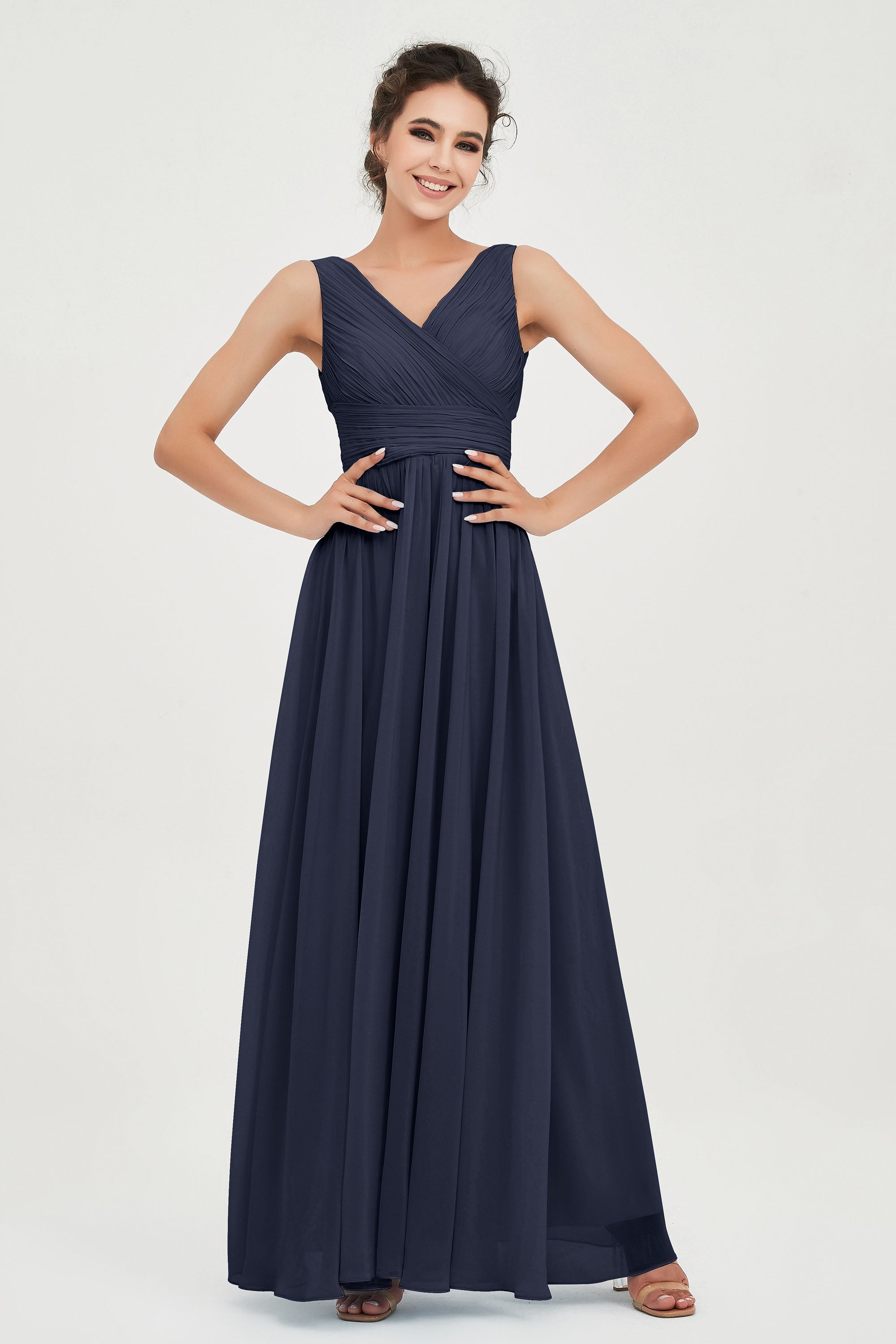 V Neck Natural Chiffon Bridesmaid Dress with Ruched Pleated Formal Evening Dresses Gowns