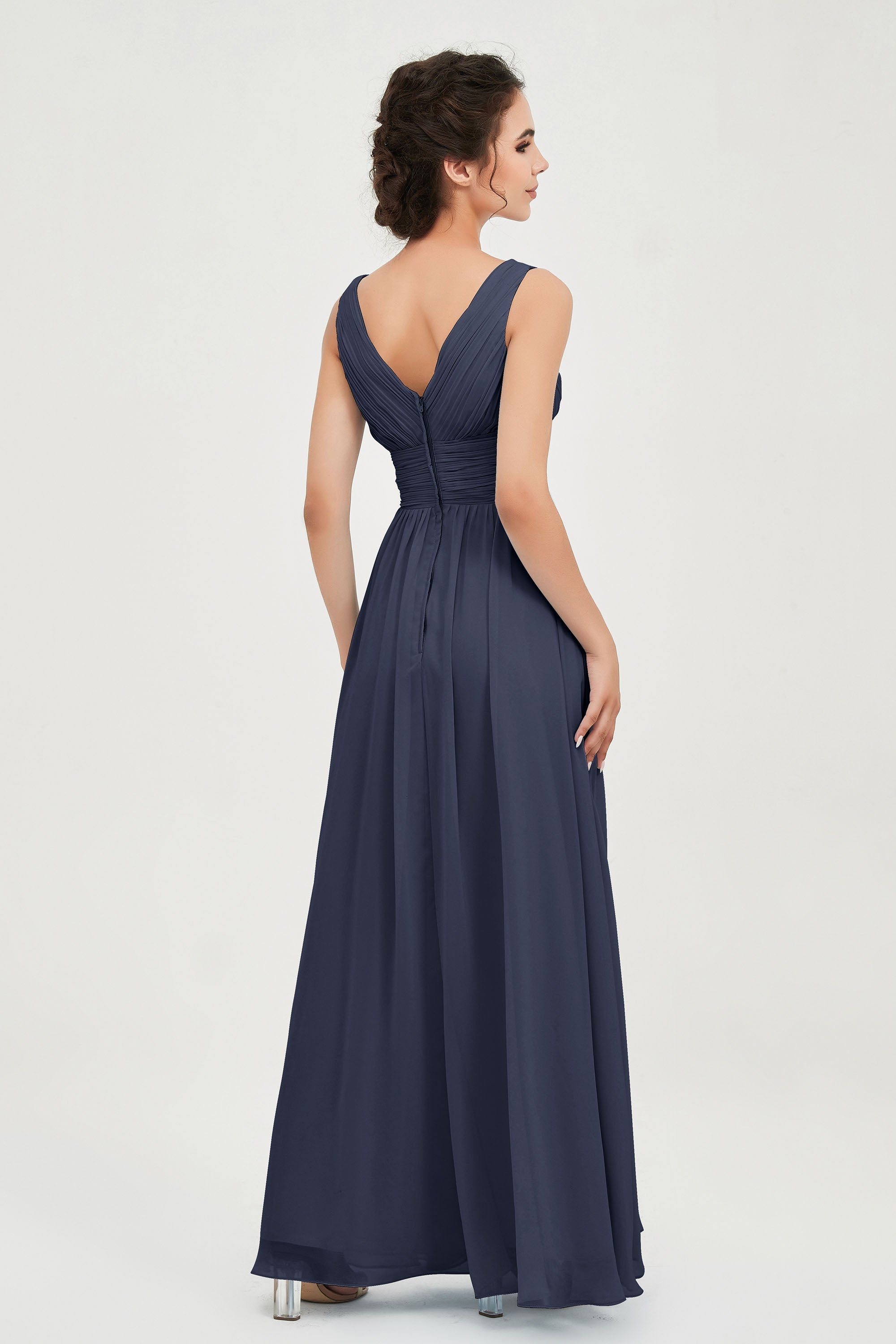 V Neck Natural Chiffon Bridesmaid Dress with Ruched Pleated Formal Evening Dresses Gowns