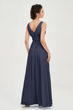 V Neck Natural Chiffon Bridesmaid Dress with Ruched Pleated Formal Evening Dresses Gowns