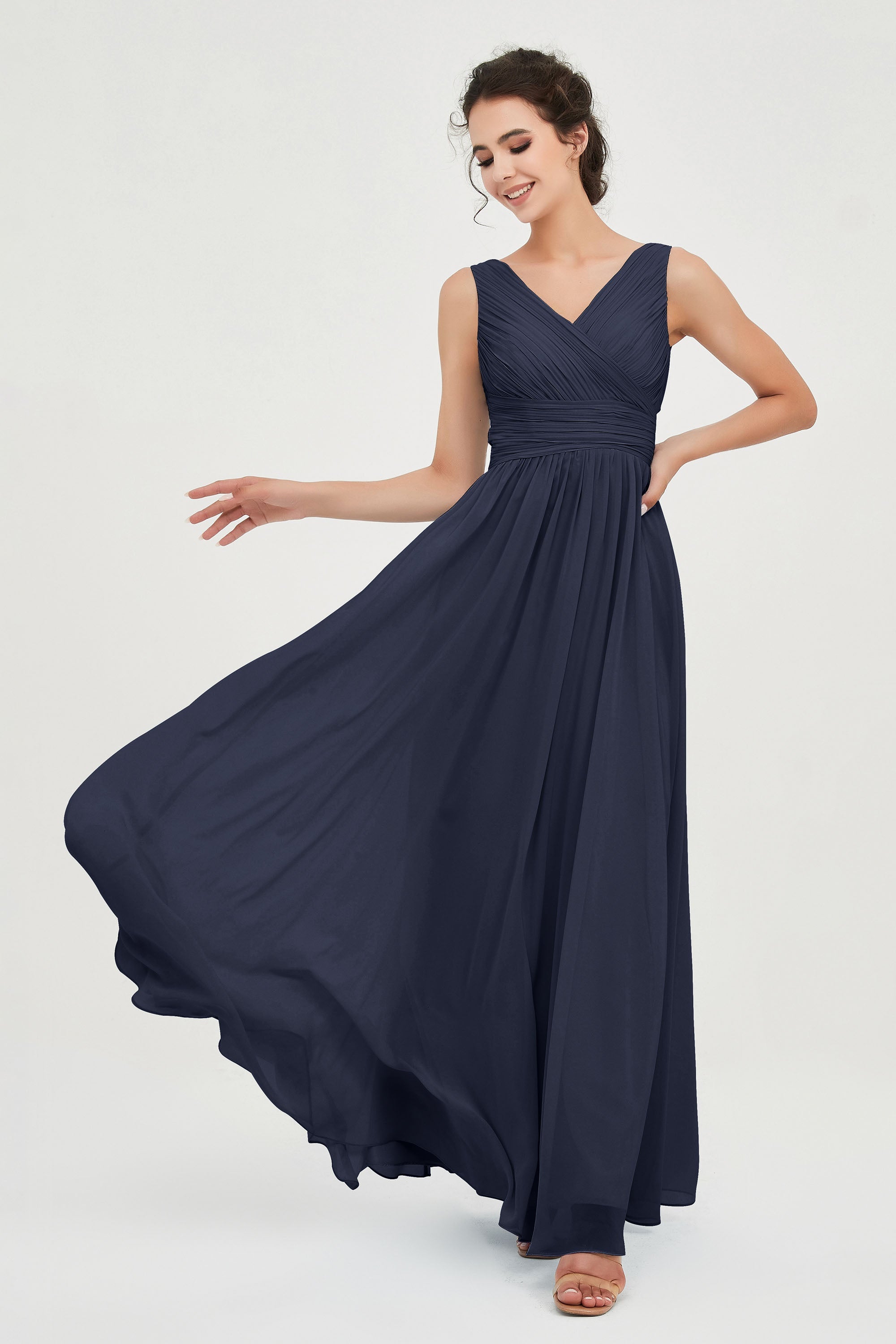 V Neck Natural Chiffon Bridesmaid Dress with Ruched Pleated Formal Evening Dresses Gowns