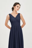 V Neck Natural Chiffon Bridesmaid Dress with Ruched Pleated Formal Evening Dresses Gowns
